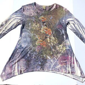 Women’s Jess & Jane Tunic Floral Art Beaded Top, Pullover, 3/4 Sleeve Purple, Sm